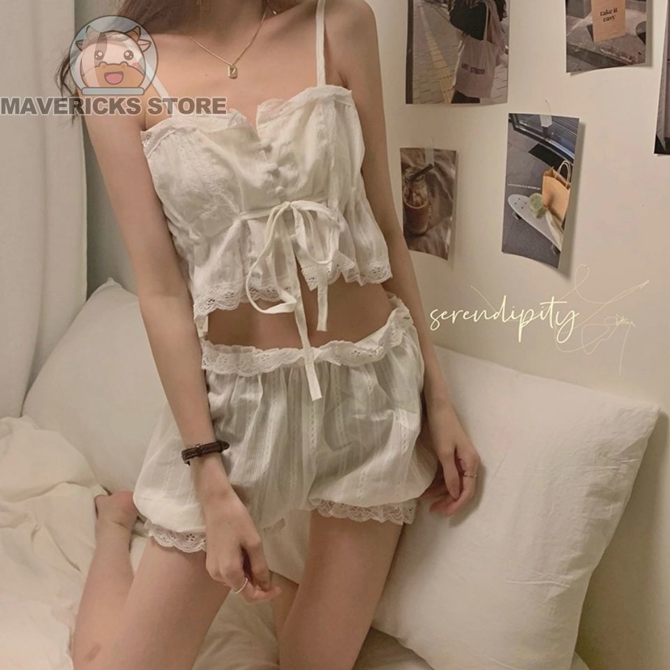 Bộ Đồ Ngủ Áo Hai Dây Và Quần Short Vải cotton Phối Ren Gợi Cảm Cho Nữ