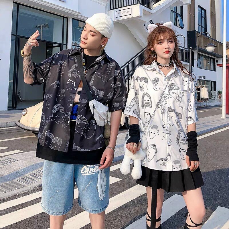 Áo sơ mi hoạ tiết in hình form rộng unisex nam nữ, sơ mi cổ vest tay lở dáng rộng chât lụa không nhăn, sơ mi cặp đôi