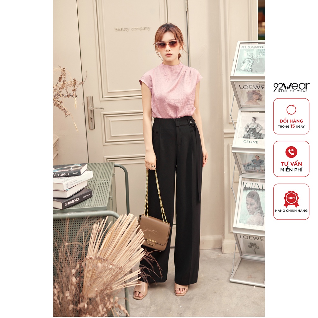 Áo sơ mi nữ vai chờm không tay 92WEAR, chất lụa cổ leo 3 ly vai ASA2220