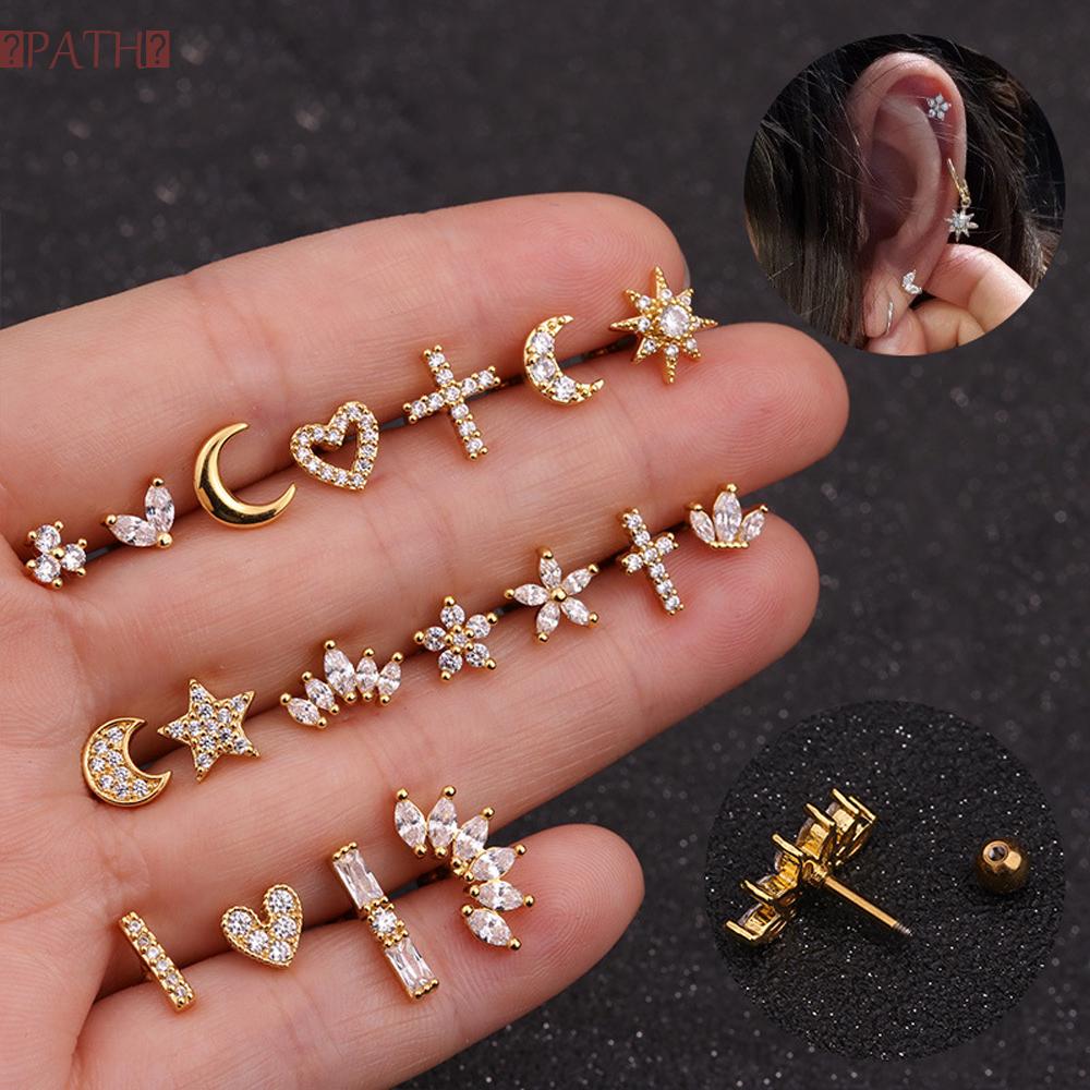 PATH New Fashion CZ Ear Piercing  Women Girl Body Jewelry Stud Earrings Star Moon Heart  Cartilage Helix Tragus  Punk Rock Cross Flower Crown|Color|1PC