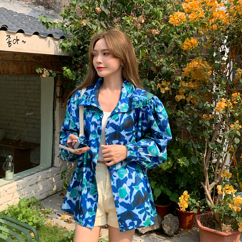 SUXI Áo sơ mi tay dài in hoa phong cách vintage Pháp xinh xắn cho nữ