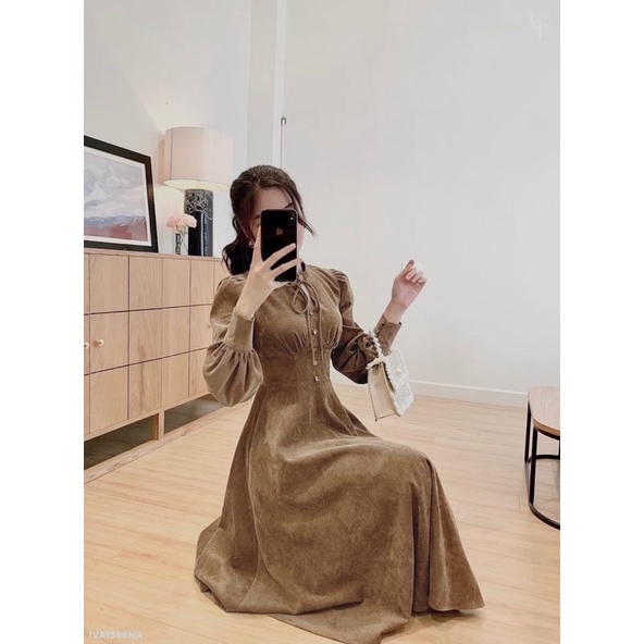 Váy thiết kế nhung tăm cổ có dây nơ dúm ngực dáng xòe tiểu thư | BigBuy360 - bigbuy360.vn