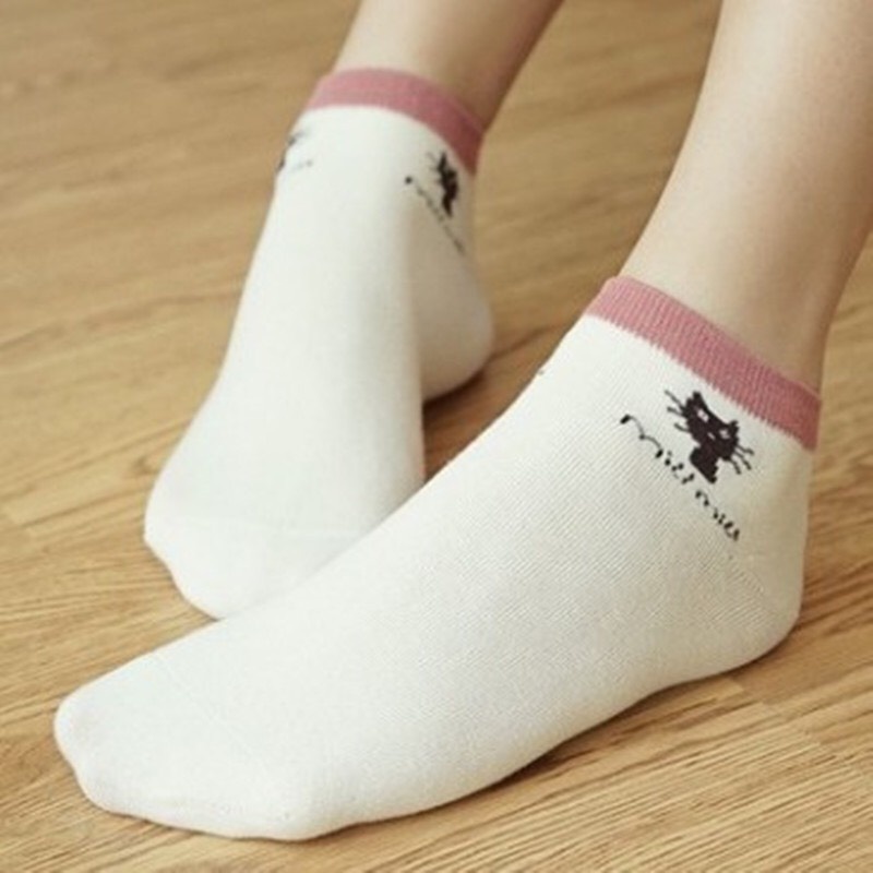Tất Vớ Nữ Cổ Ngắn Dễ Thương Cotton Thêu Hình Mèo Cute Hàn Quốc Mỏng Thoáng Free Size PINKSTORE