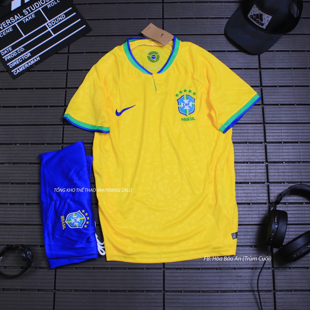 Bộ Quần Áo Bóng Đá Đội Tuyển Brazil Sân Nhà Màu Vàng Quần Xanh WC 2023 - Áo Đá Banh Brazil 2023 Chuẩn thái cao cấp