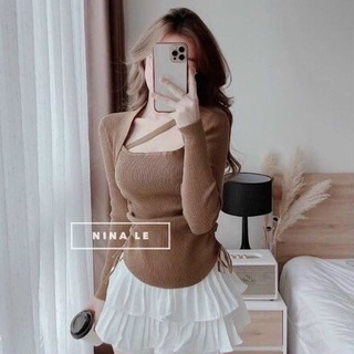 Áo thun dây rút tay dài dây chéo cổ