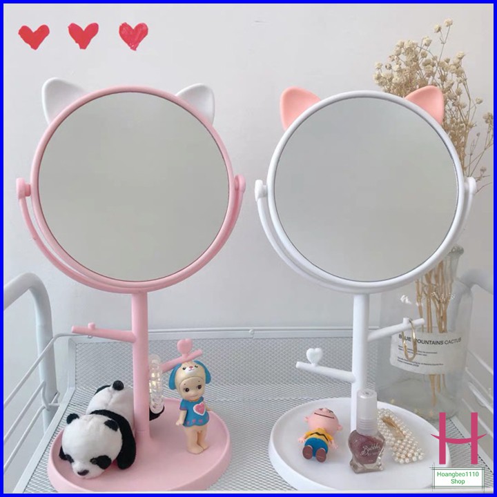 Gương Tai Mèo Để Bàn Trang Điểm Siêu Cute Xoay 360 Độ