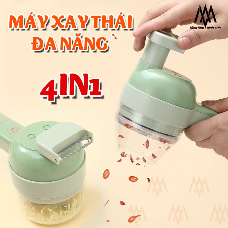 Máy xay cầm tay đa năng 4in1 - Máy thái lát rau củ, tỏi ớt - Lưỡi dao kép - Cổng sạc USB