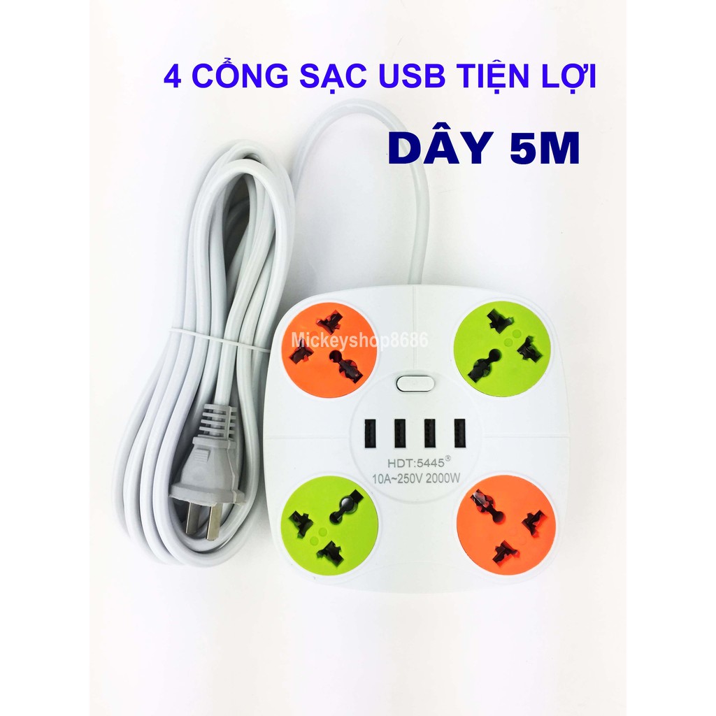 Ổ CẮM ĐIỆN 4 CỔNG USB CÓ CÔNG TẮC DÂY 5M 2500W- CHỐNG QUÁ TẢI