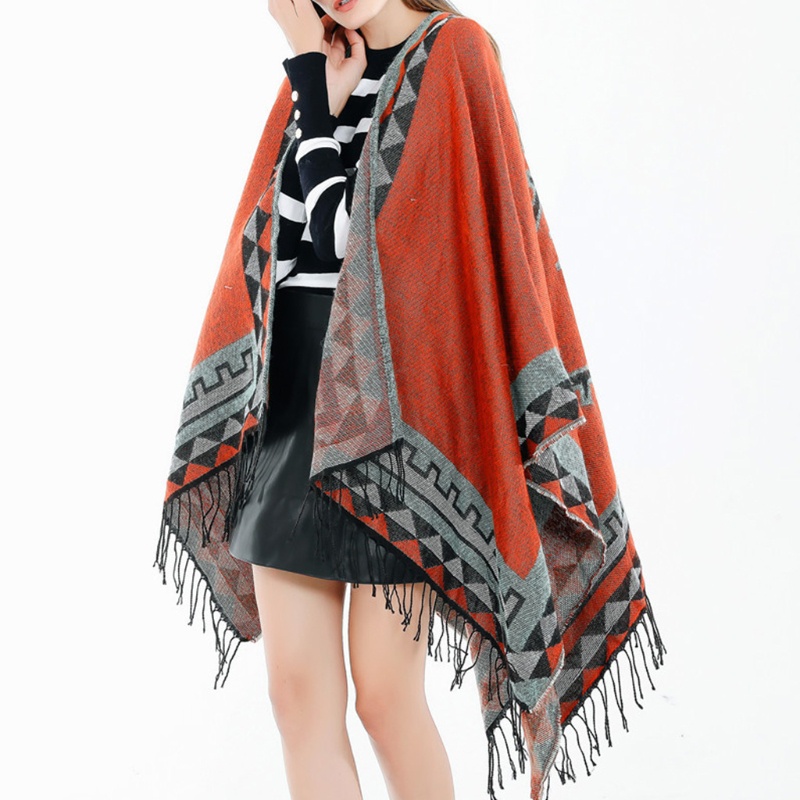 Khăn Choàng Poncho Tua Rua Họa Tiết Hình Học Nhiều Màu Sắc Phong Cách Cổ Điển Thời Trang Mùa Đông Dành Cho Nữ