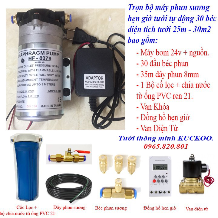Trọn bộ máy phun sương tự động theo hẹn giờ 30 béc, tưới diện tích 25-30m2