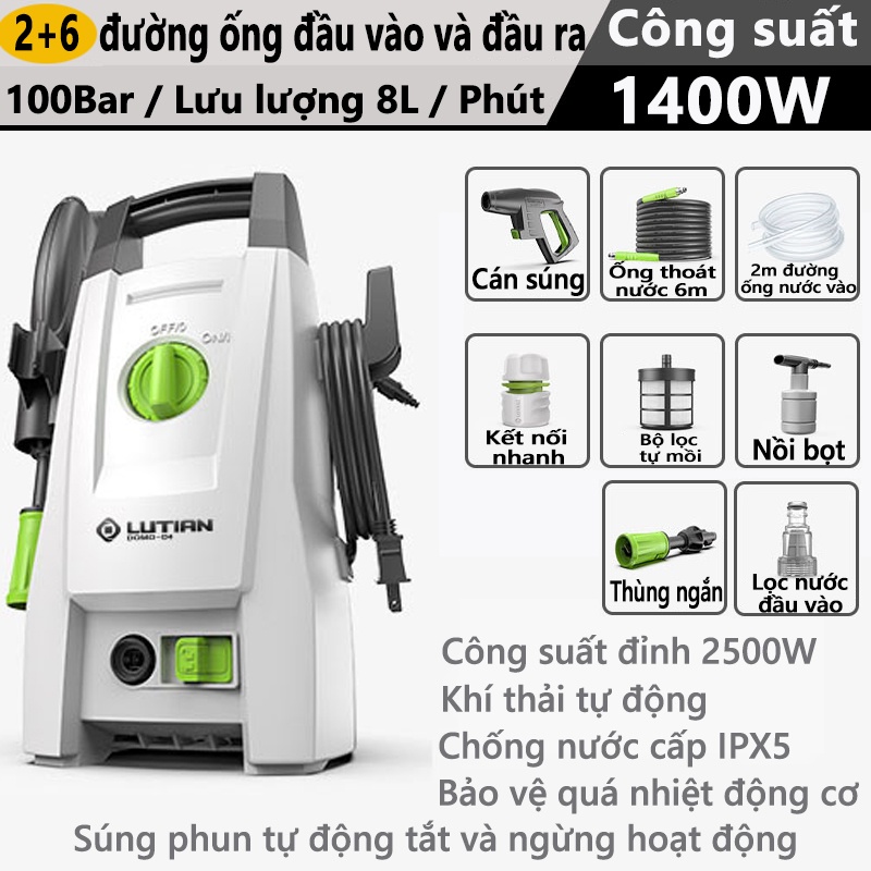 Máy rửa xe cao áp mini gia đình LUTIAN tặng kèm nhiều phụ kiện Ống cao áp 2 + 6 mét