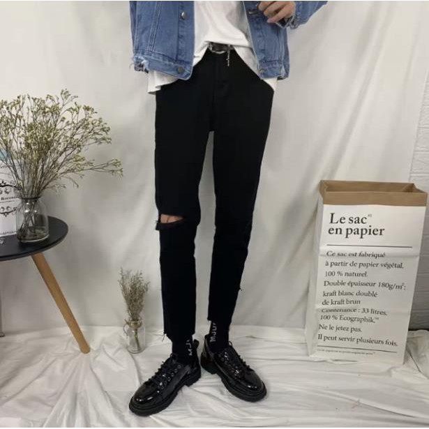 [Tiền Nào Của Đấy]Quần Jean Nam Rách Gối Phải Màu Đen Vải Co Giãn, Không Phai Màu Phong Cách Hàn Quốc -J08 | BigBuy360 - bigbuy360.vn