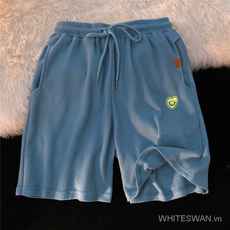 Summer Thin-Style Blue Smiley Face Labeling Shorts Women's Korean Style Loose Trend Hip Hop Casual Wide Leg Sports Shorts
