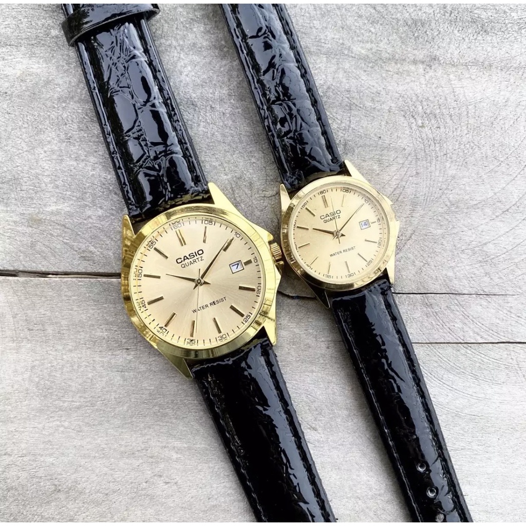 Đồng Hồ CẶP CASIO C045 DÂY DA Mặt Vàng Chống Xước, Chống Nước - TẶNG 1 Vòng Đá tỳ Hưu + 2 pin AG4