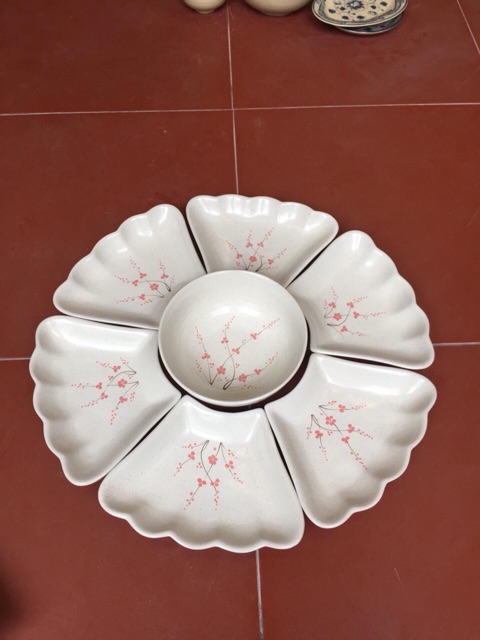 Set bát đĩa hoa mặt trời men kem hoa đào gốm Bát Tràng
