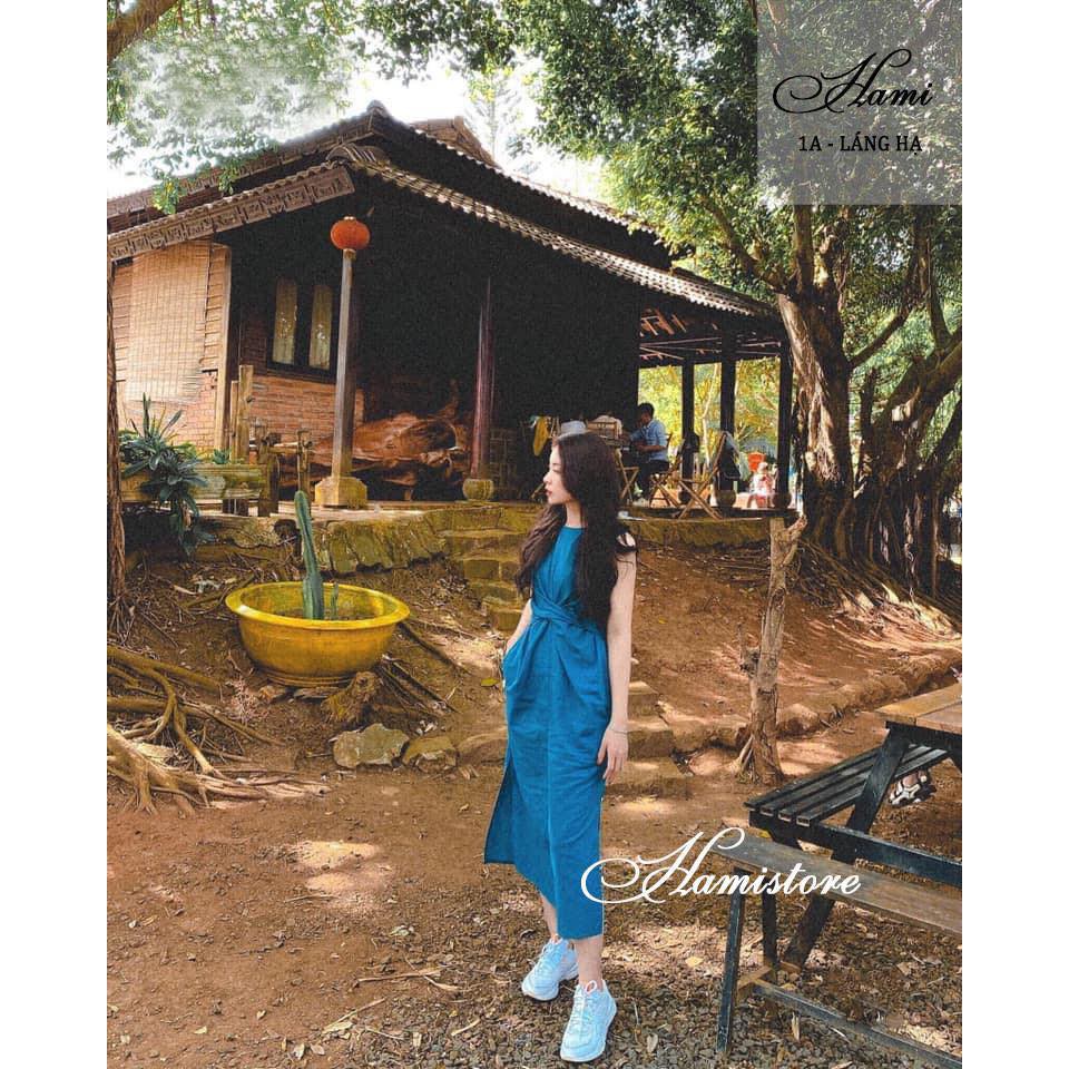 Đầm midi xanh xoắn eo V958 Hamistore