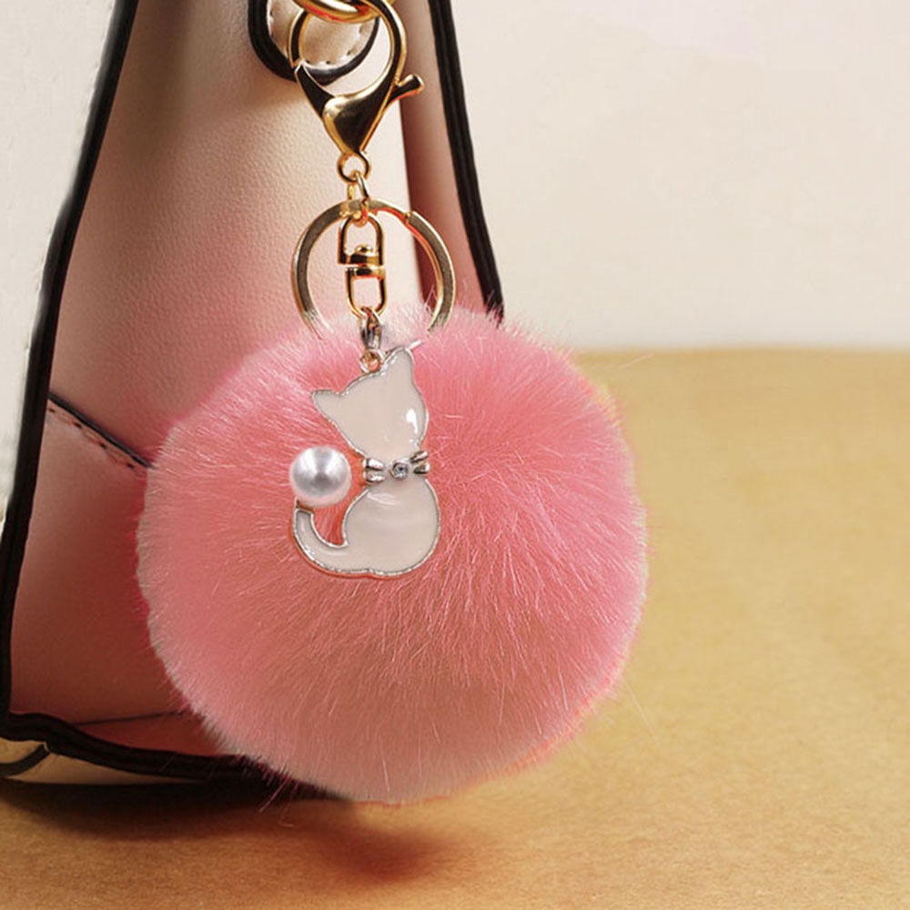 Móc chìa khóa đính banh lông nhân tạo đáng yêu cho nữ