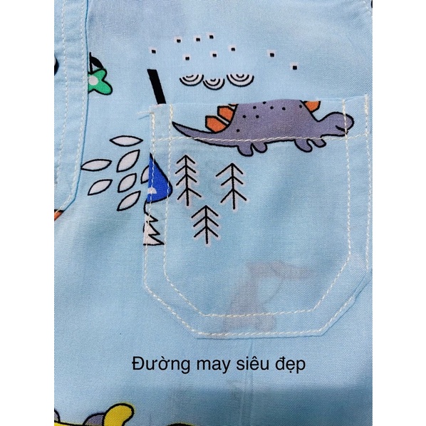 Chất vải tole lanh tôn tol hoạ tiết khủng long quần đùi áo sát nách đính túi như ảnh