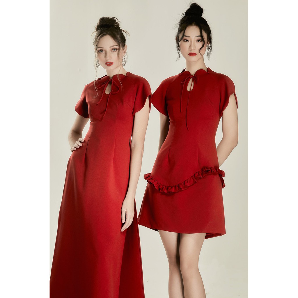 Đầm Scarlet Phối Cổ Nơ Tay Ngắn Nữ Đỏ AT MODA DE LITA