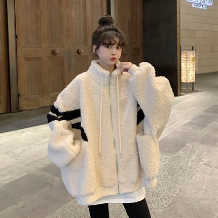 Áo Khoác Nữ lông cừu form rộng Khoá Kéo Dài Tay Dáng Rộng Áo Lông Trắng Cổ Cao hàng Quảng Châu Loại 1 Cao Cấp Cybelli