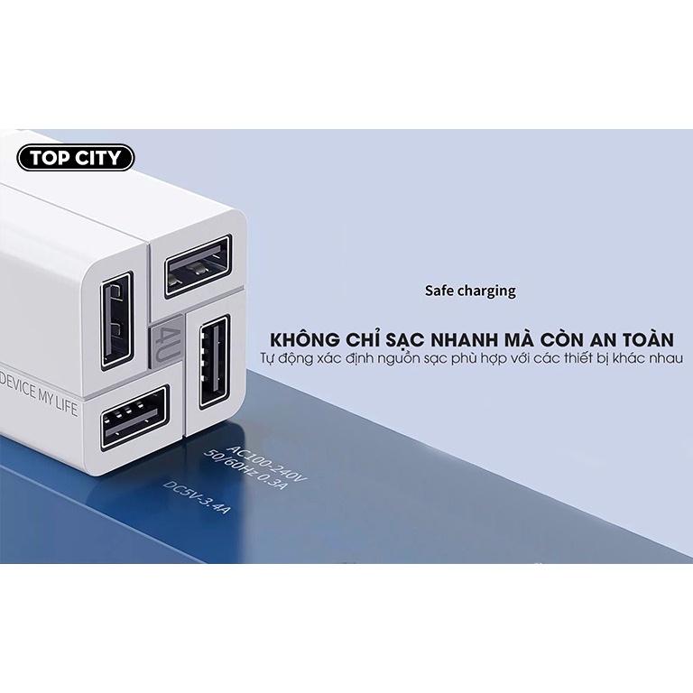 Củ Sạc Nhanh 4 Cổng USB Thông Minh Remax RC-U43 - Chân Gập Tiện Dụng