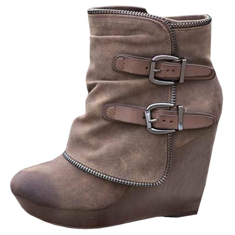 Womens Wedge Ankle Boots Pointed Toe Zip Up Buckle High Heel Casual