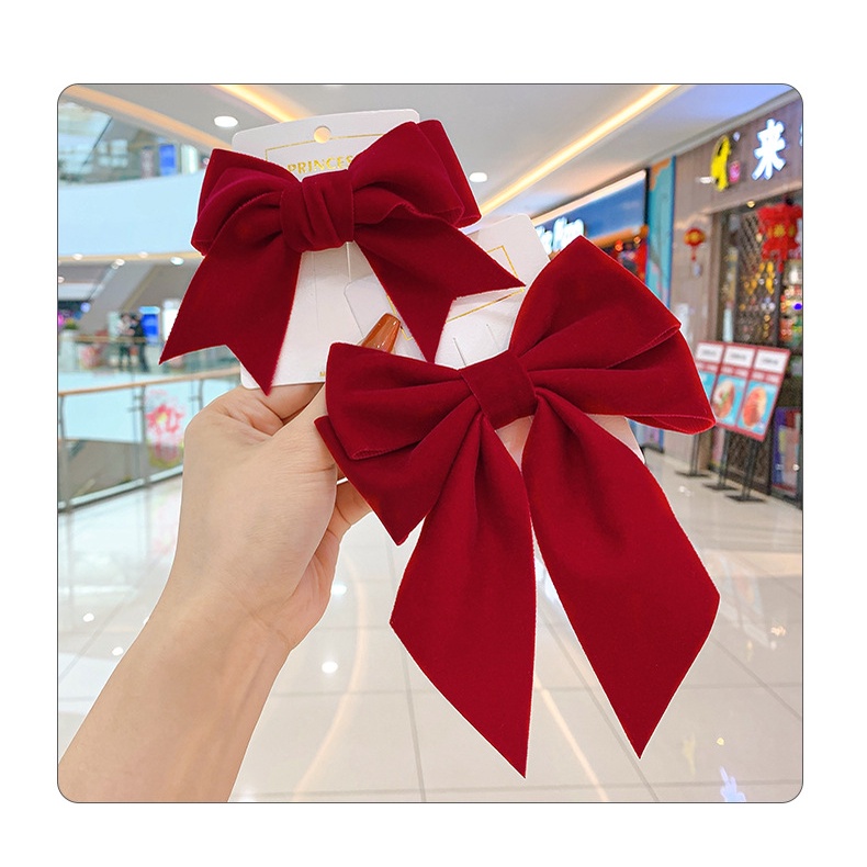 Kẹp tóc đính nơ vải nhung màu đỏ phong cách Trung Hoa thời trang cho nữ