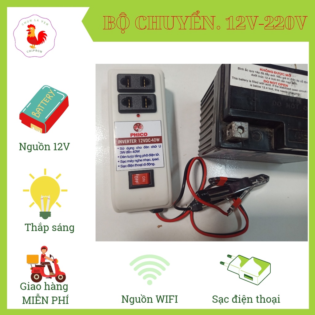 Inverter chuyển điện 12v sang 220v từ bình xe máy, ô tô 40W