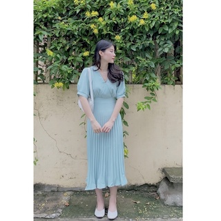 Váy đầm xếp ly xanh/nâu/trắng The Twins ảnh thật video