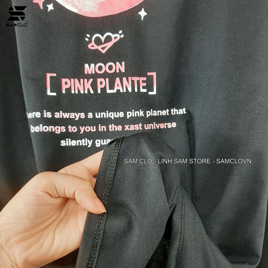 Áo thun tay lỡ nam nữ SAM CLO phông form rộng dáng Unisex, mặc lớp, nhóm, cặp in hình MẶT TRĂNG MOON PINK PLANTE màu đen