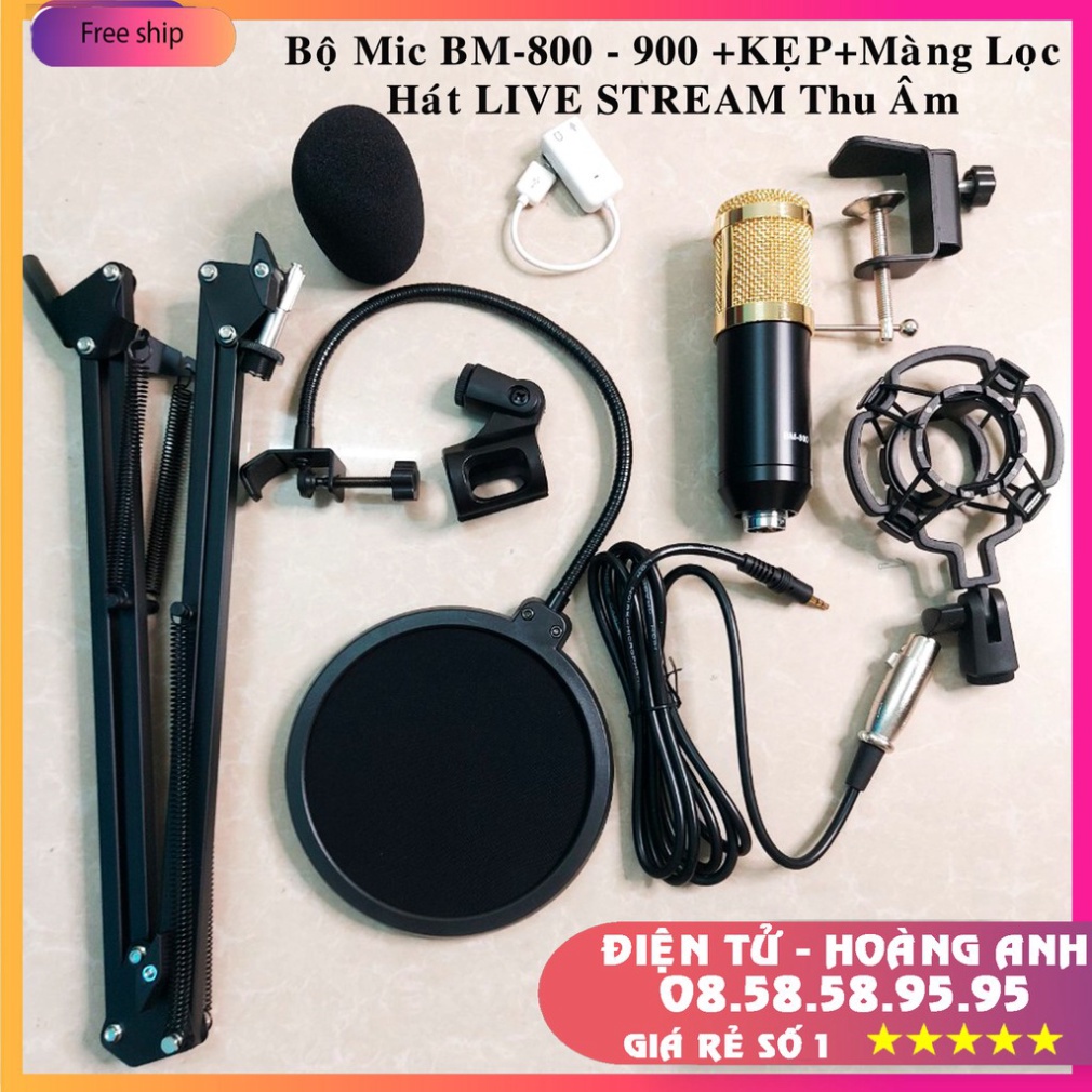 Micro thu âm livestream BM-800-900+kẹp+màng lọc hát karaoke online thu âm (PC K320-AT100-BM 900-AQ220-S8-V8-V9-V10)
