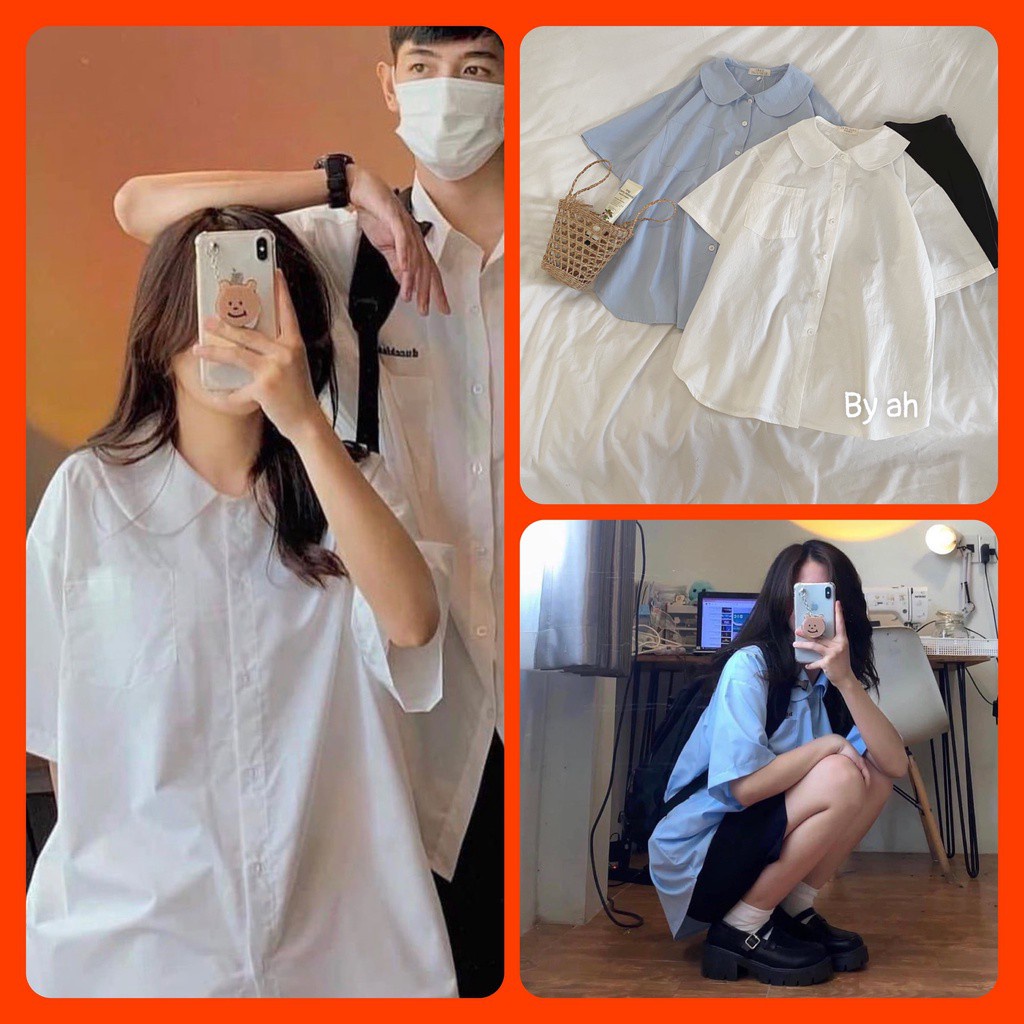 Áo sơ mi cổ sen cộc tay trơn túi ngực dáng xuông chất thô 2 màu Lyn Closet S90
