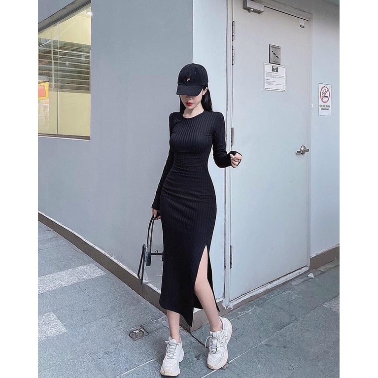 Đầm ôm body xẻ tà tay dài