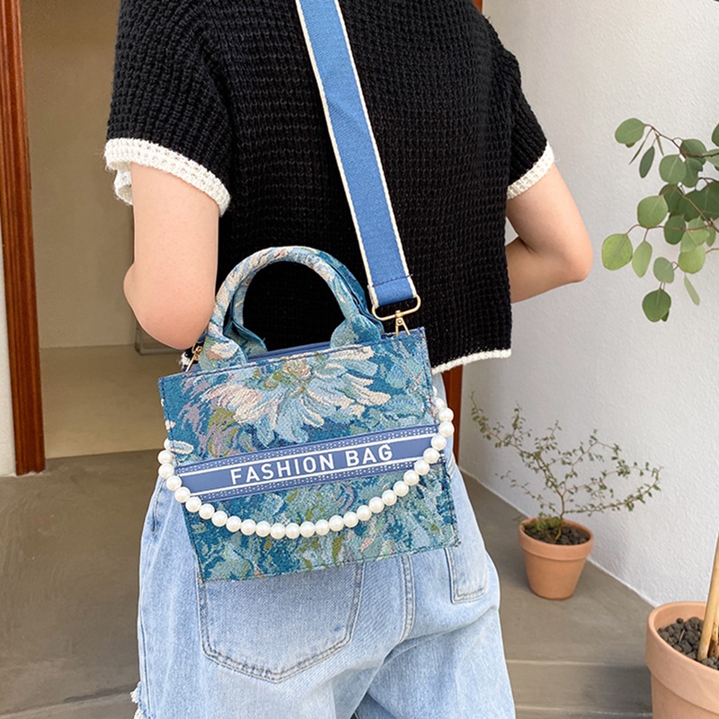 Túi Đeo Chéo Họa Tiết Kẻ Sọc Đính Ngọc Trai Phong Cách Hàn Quốc Thời Trang Cho Nữ