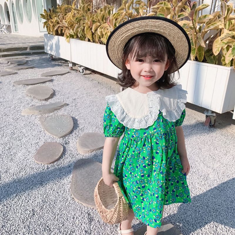 Mùa hè 2021 váy cô gái mới phiên bản Hàn Quốc chân váy hoa xanh lá cây, váy ve áo to bản, váy đáng yêu