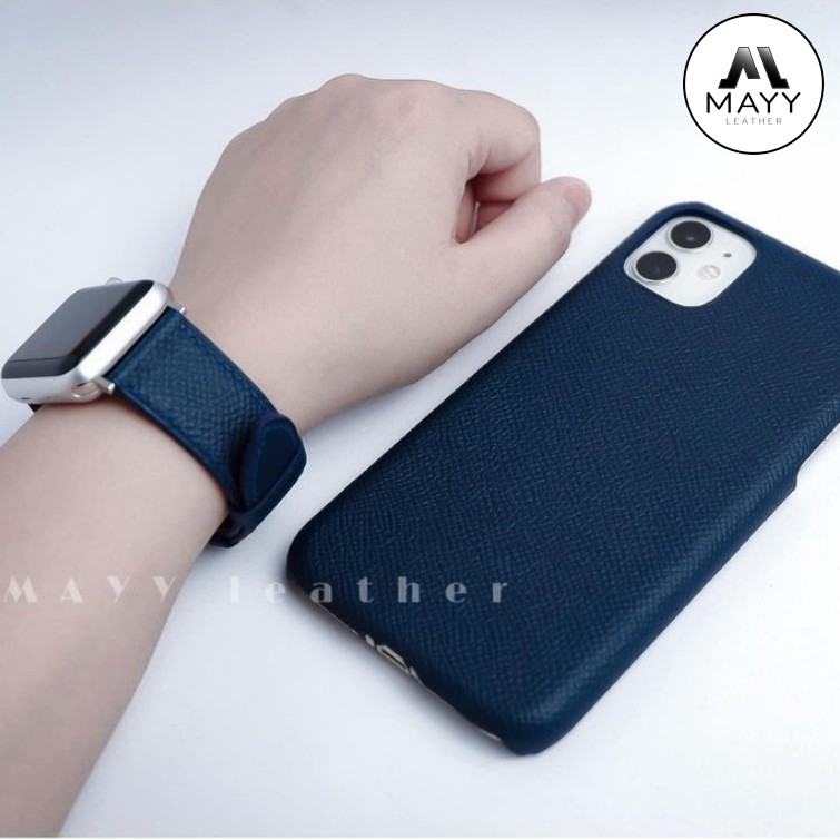 Combo Dây Da Đồng Hồ Và Ốp Da Điện Thoại Màu Xanh Navy Da Bê Epsom Cao cấp