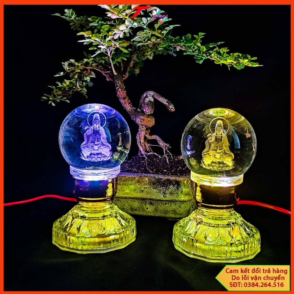 Đèn pha lê quan âm cao cấp, đèn thờ cúng, trưng tủ thờ, phật mẹ quan âm
