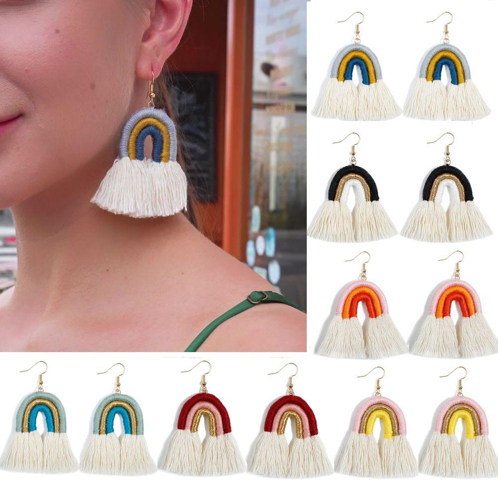 Bông Tai Dáng Dài Phối Tua Rua Màu Cầu Vồng Phong Cách Vintage