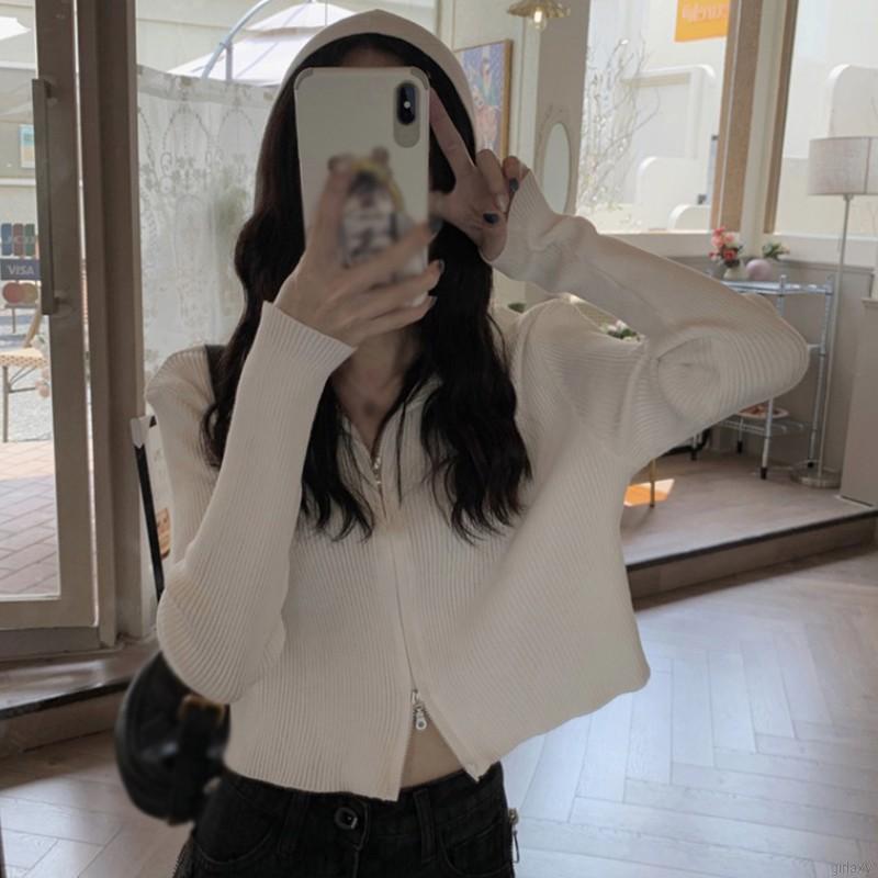 Áo cardigan dệt kim có nón trùm màu trơn phối khóa kéo phong cách Hàn Quốc cho nữ | BigBuy360 - bigbuy360.vn