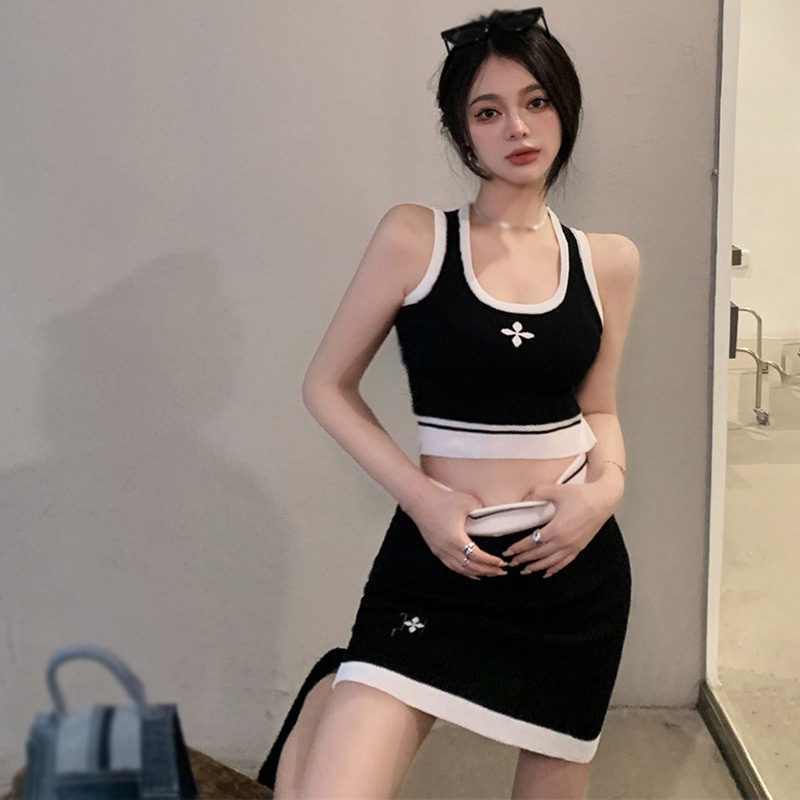 Set Áo Croptop Dệt Kim Màu Sắc Tương Phản Phối Chân Váy Lưng Cao Thời Trang Hè Quyến Rũ Cho Nữ