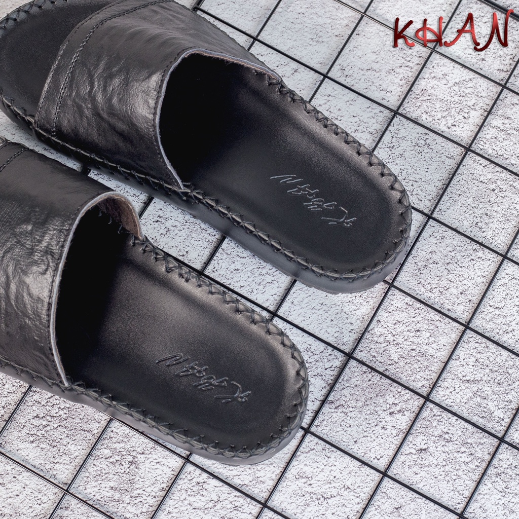 Dép Nam quai ngang , quai ngang trơn da bò cao cấp A-02 màu đen