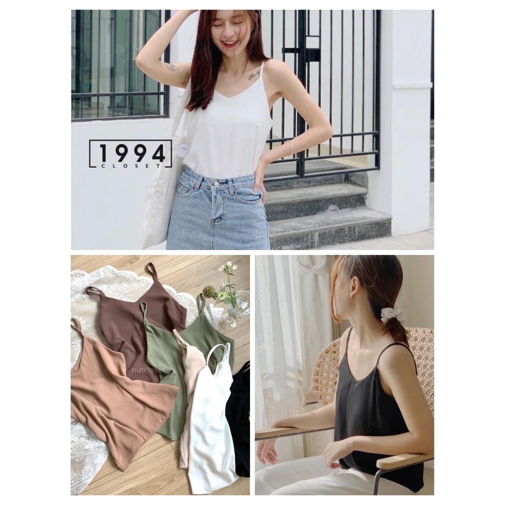 Áo Hai Dây Đũi Lụa- 2s Cổ Tim Form Rộng Nữ Màu Đen-Trắng-Nâu-Be Siêu Hot