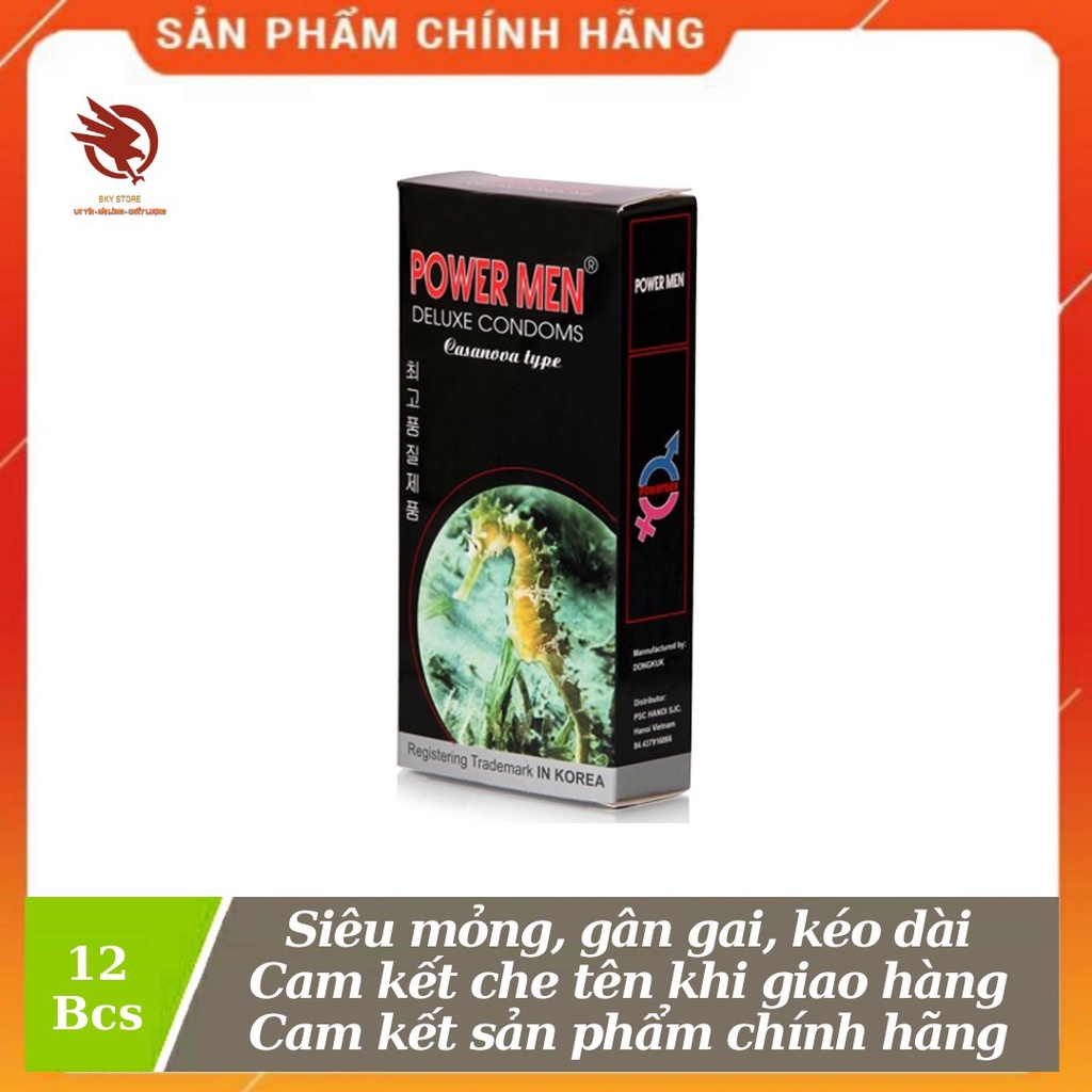 [ CHÍNH HÃNG ] - Bao cao su POWERMEN Longshock cá ngựa, siêu mỏng, gân gai li ti, kéo dài thời gian, - Hộp 12 cái