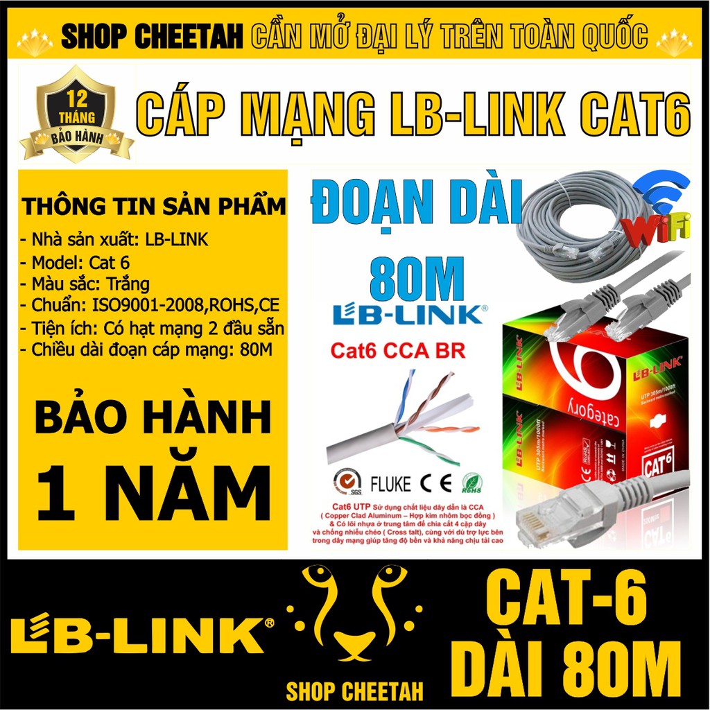 Đoạn dài 80m - Dây cáp mạng Lb-Link Cat6 – Bấm sẵn 2 đầu – Cắt từ cuộn tiêu chuẩn – Chính hãng LB-LI