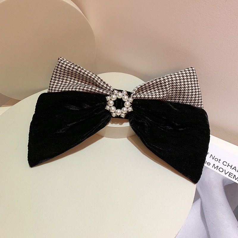 Kẹp Tóc Nơ Vải Nhung Đính Ngọc Trai Phong Cách Vintage