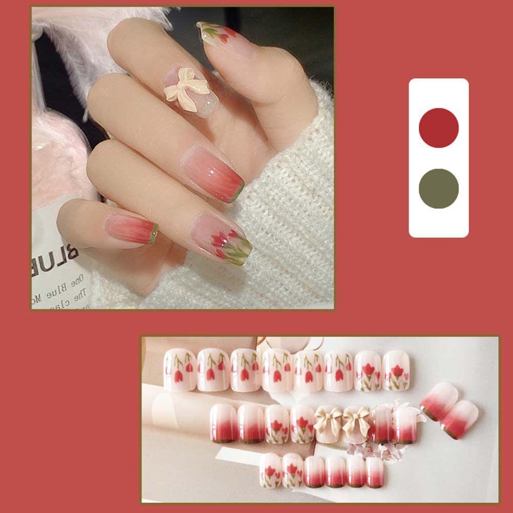Bộ Móng Tay Giả Ngắn Tự Dính Hình Hoa Trà Xanh Thời Trang Cho Nữ