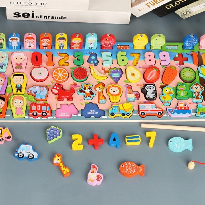 Bộ đồ chơi tư duy bảng gỗ câu cá gỗ thông minh 5in1, 6in1 7in1 đồ chơi trí tuệ cho bé