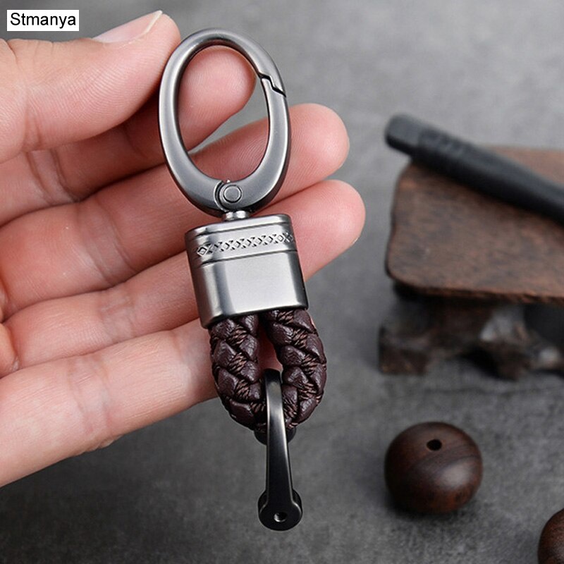 Móc khóa xe ô tô dây da bện phối kim loại xoay 360 độ chất lượng cao cho nam