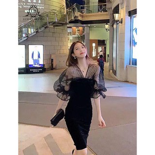 [CÓ SẴN] Váy đầm ôm body cổ lưng chữ V vai phồng bồng bềnh voan lưới chấm bi ulzzang Hàn Quốc thanh lịch sexy