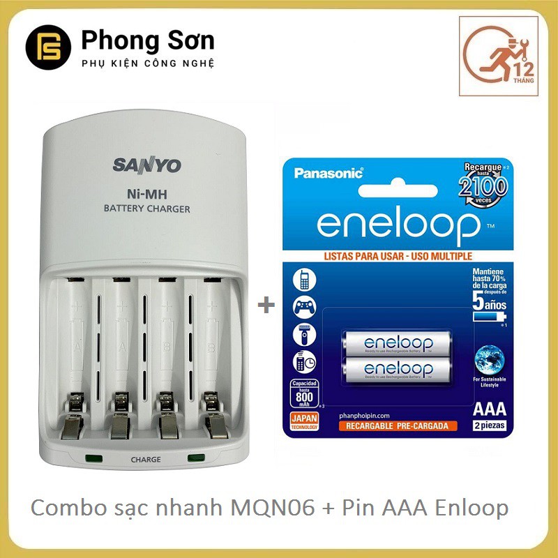 Combo Sạc Pin AA/AAA MQN06 Sanyo , Sạc nhanh, Tự ngắt + Pin Sạc AAA Eneloop